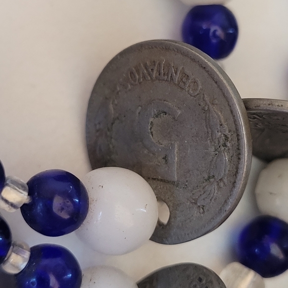 Otavalo 3 Strand Trade Bead Glass & 5 Centavo Coins Necklace Blue & White 24" - Picture 4 of 14